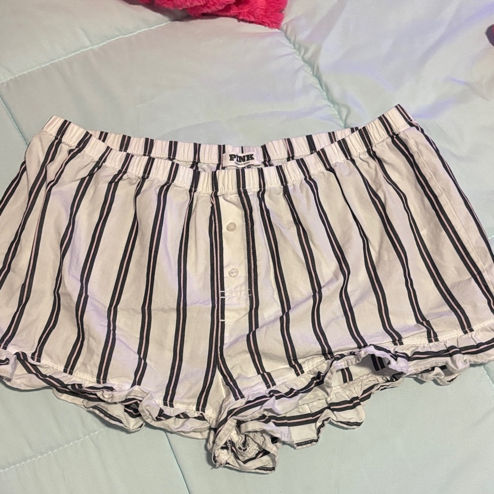 PINK Victoria's Secret White Boxer-Style Shorts with Black Stripes